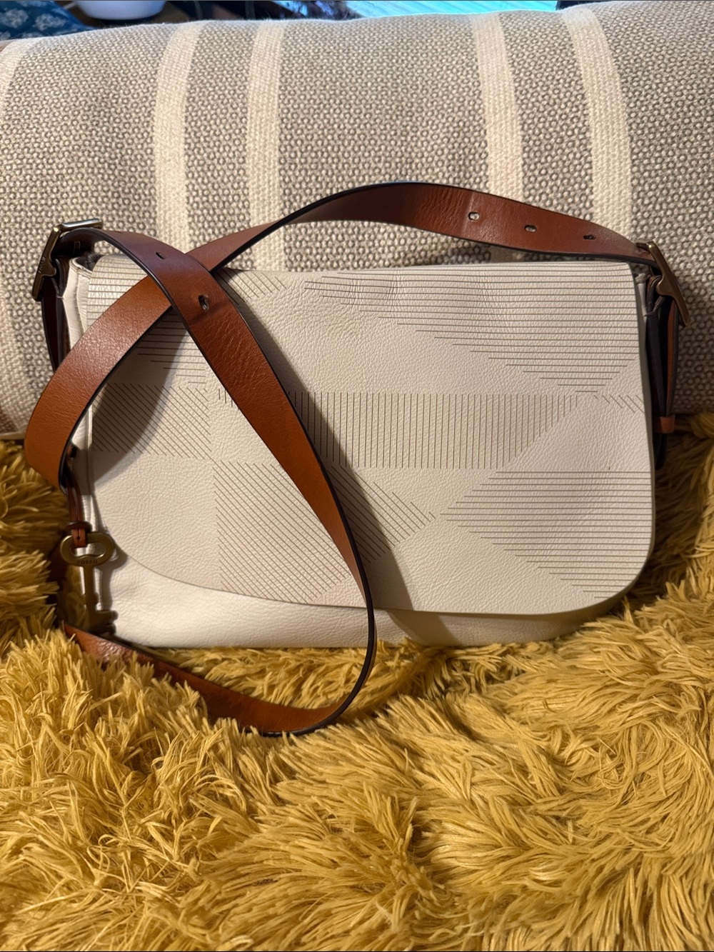 Fossil Cream Crossbody Bag with Brown Leather Strap